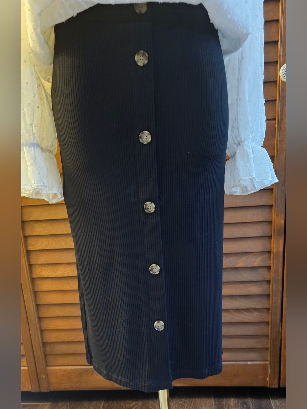 LOFT Black Ribbed Faux Button-Front Midi Skirt